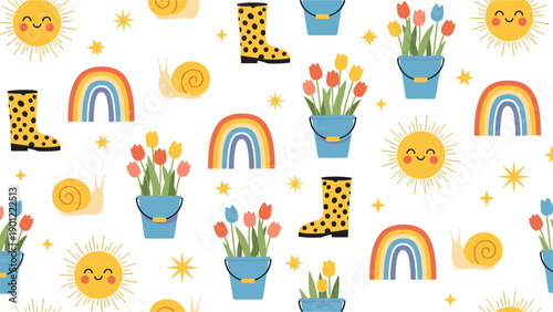 Cheerful spring pattern featuring bright smiling suns rainbows colorful tulips in buckets rubber boots and small snails.