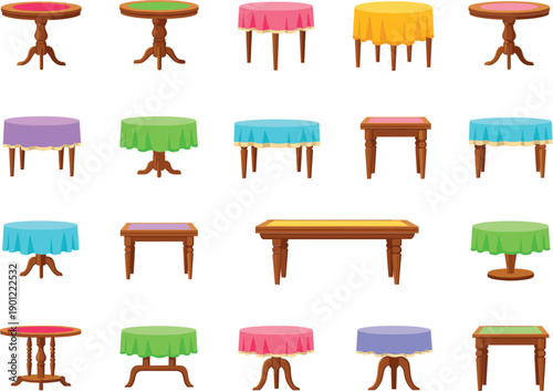 Colorful Cartoon Table Set Collection with Wooden Furniture Designs for Games, Apps, and Interior Illustrations
