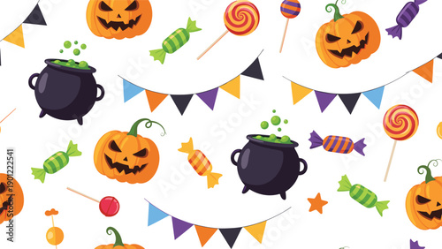 Festive halloween seamless pattern with carved pumpkins cauldrons filled with green magic potion candy and colorful party flags.