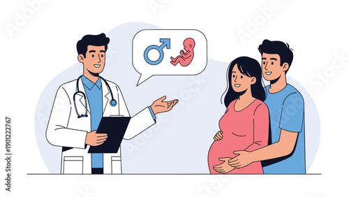 Friendly male doctor in a lab coat explaining baby gender to a happy pregnant woman and her partner in a modern medical clinic.