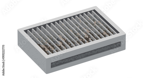 Isometric view of a dirty, grimy metal drain grate with visible debris, highlighting poor sanitation.