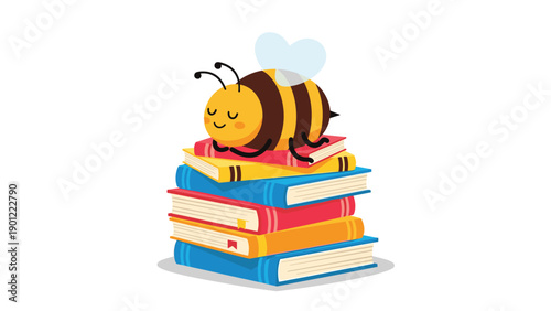 Adorable cartoon bee, peacefully sleeping on a neat stack of colorful books, symbolizing learning, knowledge, and educational quiet time.