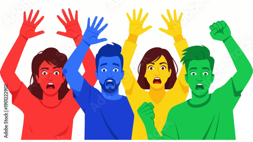 Group of diverse, shocked people in vibrant colors raising hands (fear, panic) and fists (protest) on white background. Crisis and emotional distress vector illustration.