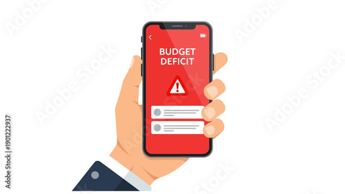 Hand Holding Smartphone with Budget Deficit Alert. Financial Crisis Warning, Debt Management, and Mobile Banking Error Notification.