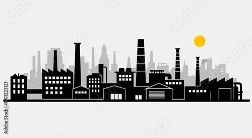 Industrial city factory skyline silhouette with chimneys warehouses and production plants representing heavy manufacturing zone
