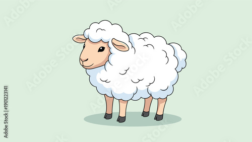 Fluffy white sheep character standing on a soft green background in a clean flat cartoon style for animal concepts.