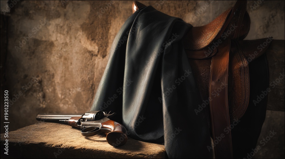 Fototapeta premium High-end product photo showcasing aged leather and metal patina. Focus on antique saddle and pistol craftsmanship under professional lighting