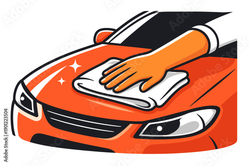 Cleaning hand on car hood with cloth - automotive maintenance illustration