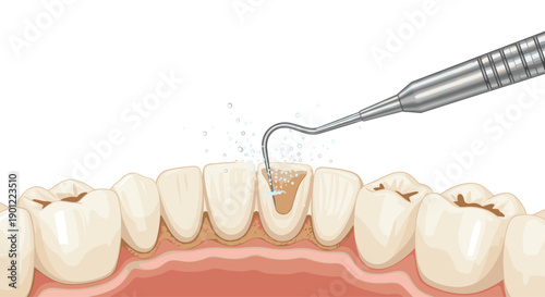 Detailed illustration of a dental professional performing tooth scaling with ultrasonic tool and water spray for oral
