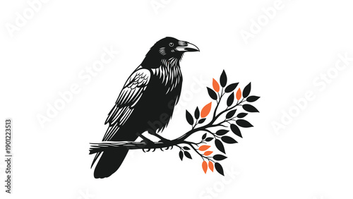 Stylized black raven perched on a delicate branch with autumn leaves in black and orange, creating a bold graphic illustration.