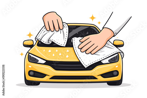 Hands cleaning yellow car with cloths and water droplets