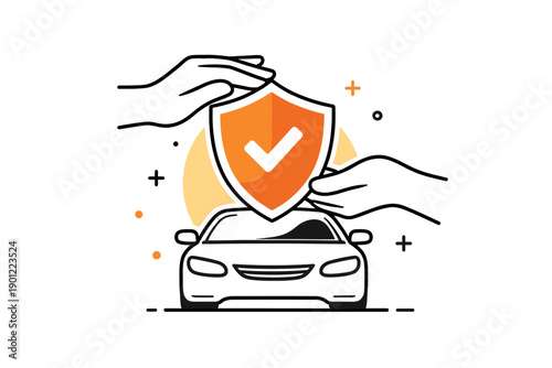 Car insurance concept with protective hands and shield icon