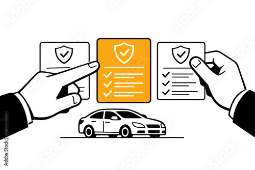 Car insurance selection concept with hand and shield icon symbols