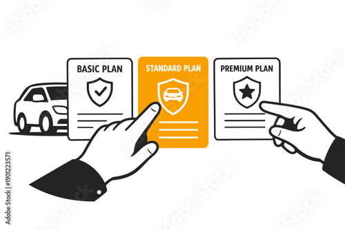 Hands selecting car insurance plans: basic, standard, premium options displayed