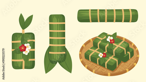 Collection of traditional Vietnamese sticky rice cakes, banh chung and banh tet, wrapped in green leaves for the Tet holiday celebration.