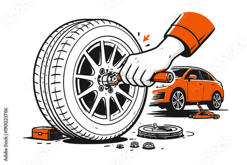 Illustration of tire change with jack and tools for car maintenance