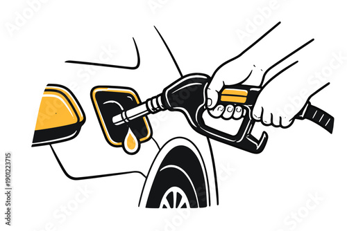 Illustration of fuel pump filling car tank with fuel droplet detail