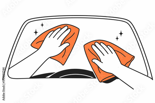 Cleaning car window with orange cloths - illustration of hands wiping windshield