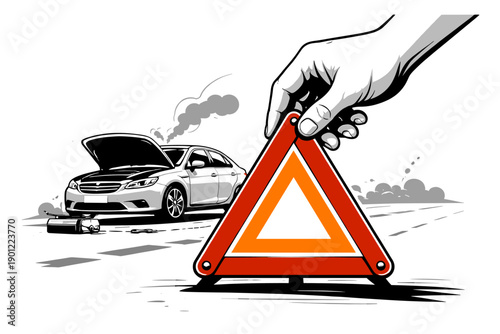 Hand holding caution sign with broken down car on roadside