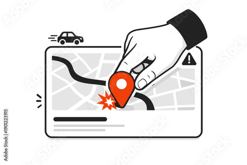 Gps navigation with location marker and route alert icon illustration
