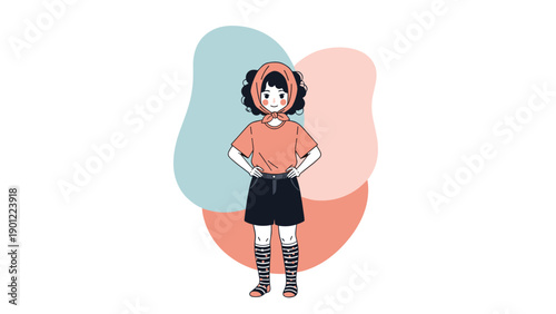 Stylish cartoon girl with curly hair and a headscarf, wearing a t-shirt, shorts, and striped socks, stands confidently, embodying unique fashion and personality.
