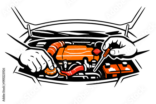 Hands inspecting car engine with dipstick and battery illustration