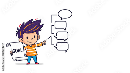 Enthusiastic cartoon boy, holding a scroll marked "GOAL," actively points towards a list of empty speech bubbles, symbolizing goal setting and planning.