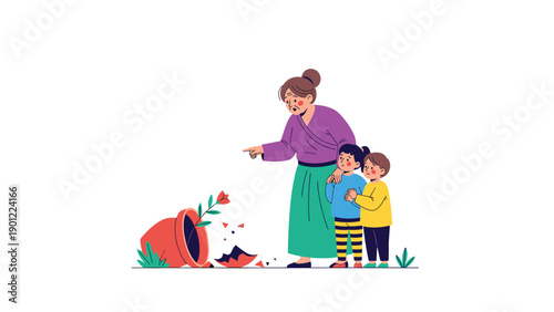 Grandmother figure scolding two children beside a broken flower pot, illustrating a moment of childhood mischief and parental discipline.