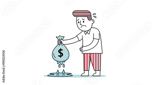 Worried man holding a leaking money bag with a dollar sign, symbolizing financial loss, economic crisis, or money draining away due to poor management.