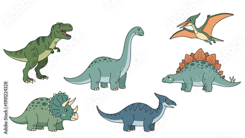 A collection of six cute, friendly dinosaurs including a T-Rex, Brontosaurus, and Stegosaurus, illustrated in a simple cartoon style.