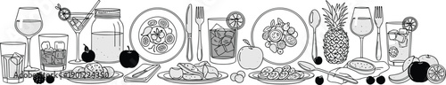 Collection of food and drinks with fruits and utensils in line style apples pineapple