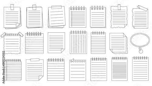 A large collection of various notepad pages, sticky notes, and paper sheets in a black and white doodle or sketch line art style.