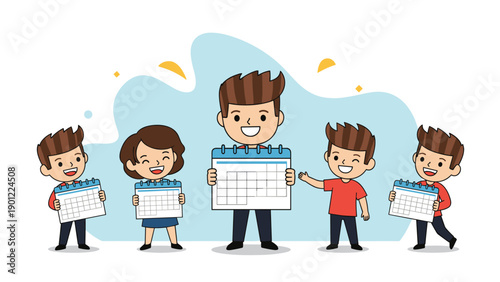 Cheerful group of cartoon children, including a larger figure, all happily holding up various sizes of blank calendars, symbolizing planning and future events.