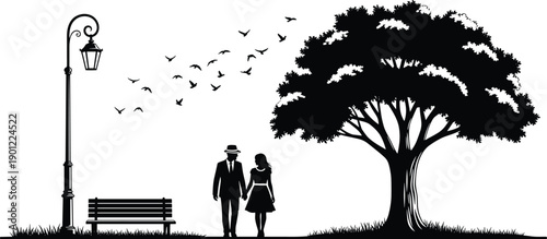 Couple walking hand in hand under a large tree with birds flying in the sky