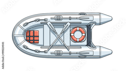 Detailed overhead view of a grey inflatable raft, equipped with oars, a red life vest, and a lifebuoy, ready for recreational water activities or rescue.