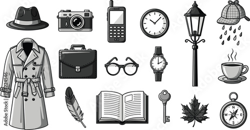 Detective accessories and with hat, coat, camera, and more