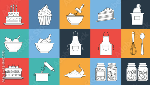 Diverse collection of baking and dessert icons, including cakes, cupcakes, kitchen utensils, aprons, mixing bowls, and jars of preserves, for cooking enthusiasts.