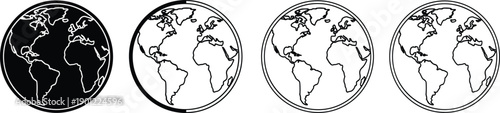 Four circular maps with different shading styles circular globe outline map shaded map black and white
