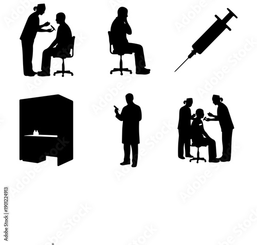 Set of silhouettes showing vaccination, injection, and medical procedure vector