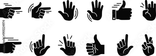 Set of black and white hand gesture in various positions pointing