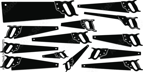 Set of black and white hand saws with different blade shapes and handles saw blade different shapes woodworking tools