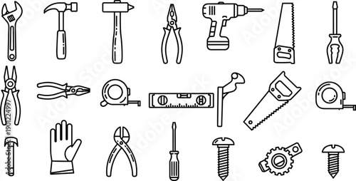 Set of black and white hand tools and equipment wrench hammer pliers screwdriver