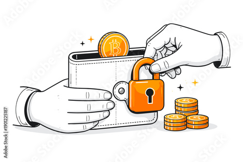Secure cryptocurrency wallet with lock and bitcoin coin illustration