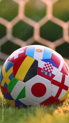 Soccer ball with world flags bouncing on grass by goal, vertical