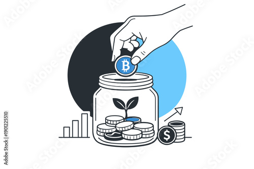Hand insert bitcoin into savings jar with growth and investment symbols