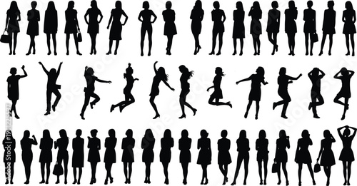 Female women silhouettes set showing standing, walking, jumping, and dancing poses, diverse people figures isolated on white background for business, fashion, lifestyle concepts