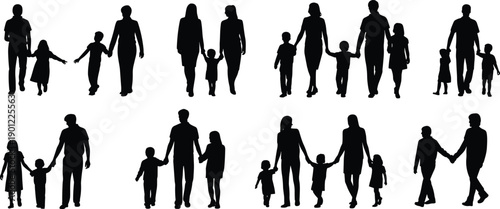 A comprehensive collection of black and white family silhouettes demonstrating various parental and child groupings holding hands