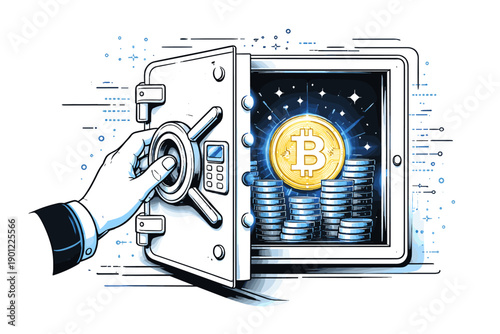 Bitcoin safe vault with secure hand opening door and digital currency inside