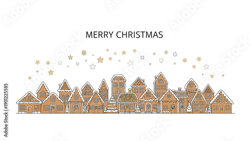 A charming hand-drawn banner of a gingerbread village with snow-covered roofs and stars above, with 'Merry Christmas' text.