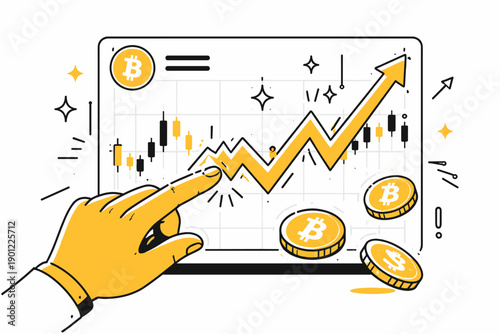 Bitcoin digital trading concept with hand and rising cryptocurrency chart